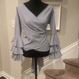 JJ’s Fairyland Rare White And Navy Blue Pinstripe Tie Up Ruffled Long Sleeve Top